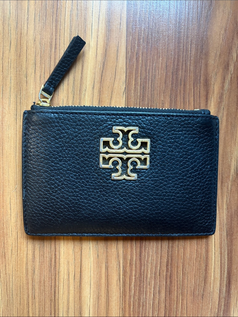 Tory Burch Black Pebbled Leather Zip Card Holder with Gold Logo Accent